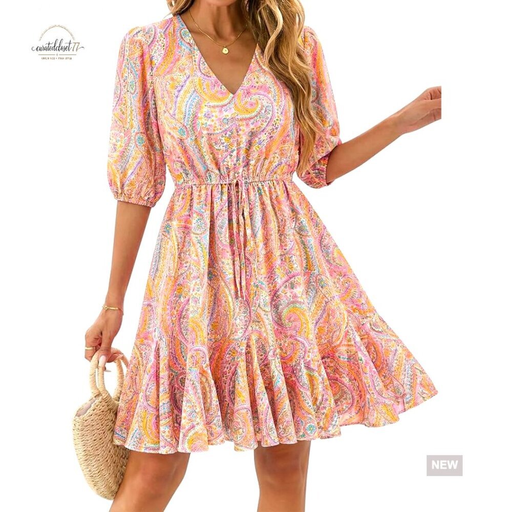 Floral Boho Mini Dress V-Neck Puff Sleeve Ruffle Hem Summer Casual